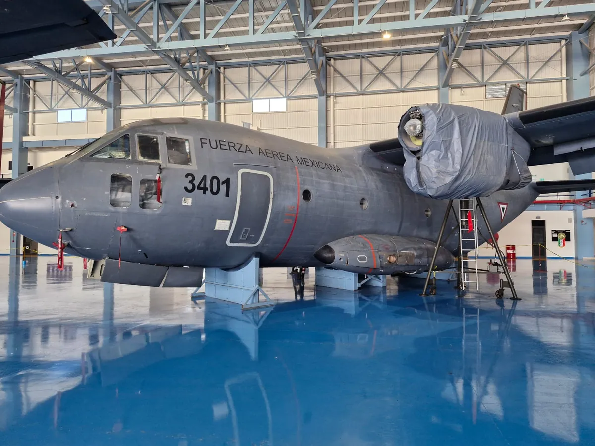 Mexican Air Force C-27J Spartan aircraft in a hangar