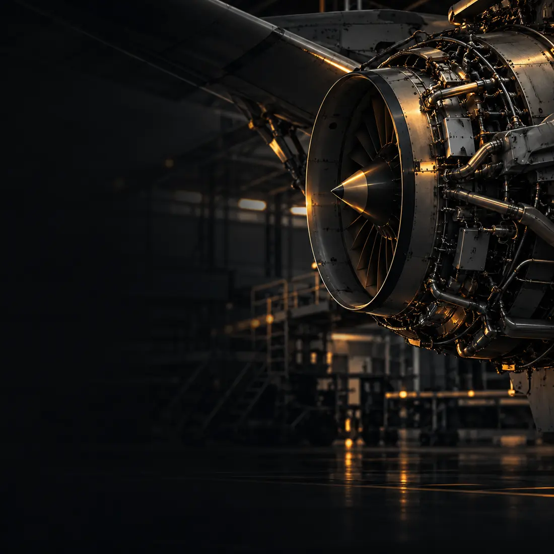 Motor de aeronave en un hangar