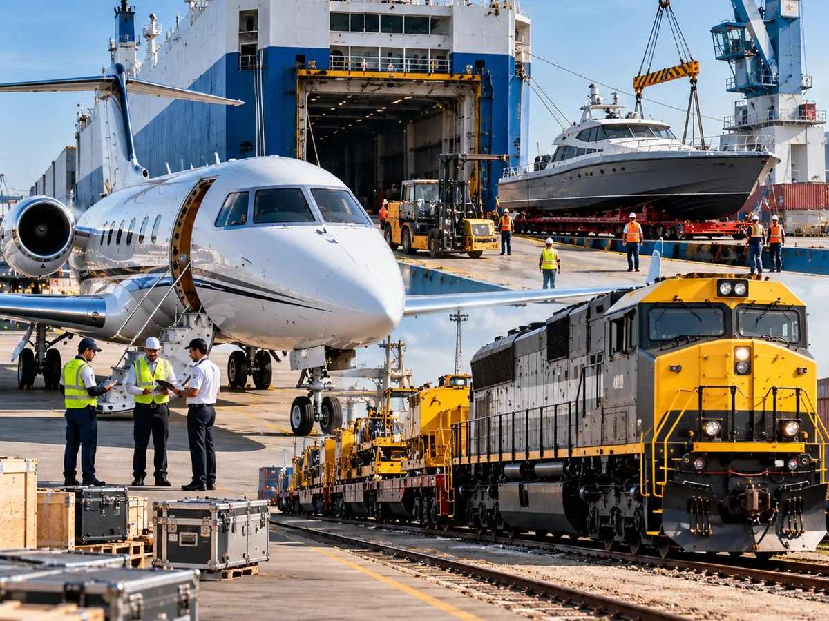 Aeronave ejecutiva, embarcación y locomotora en una terminal portuaria