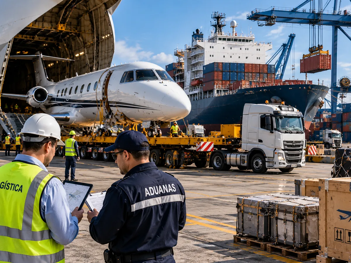 Personal de logística y aduanas revisando la importación de una aeronave