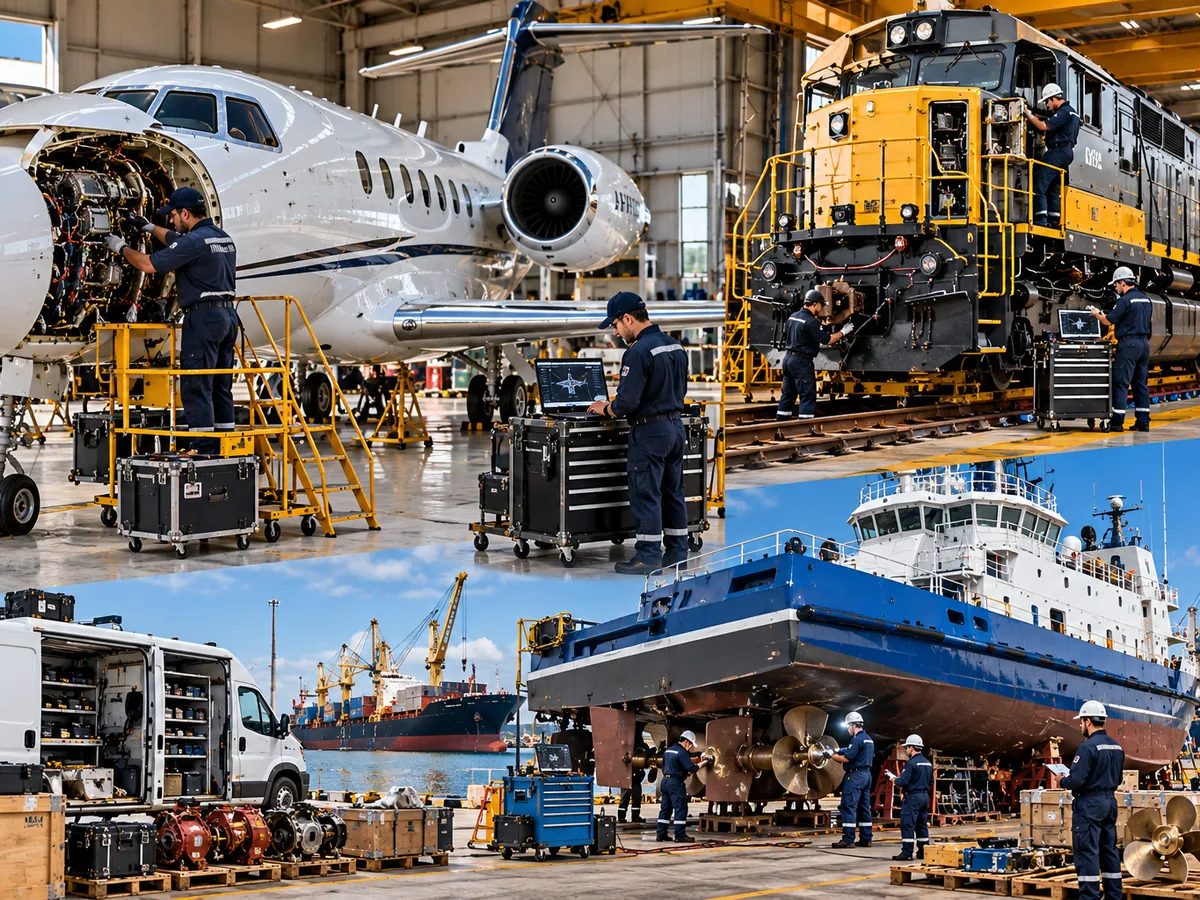 Técnicos dando mantenimiento a una aeronave, una locomotora y una embarcación