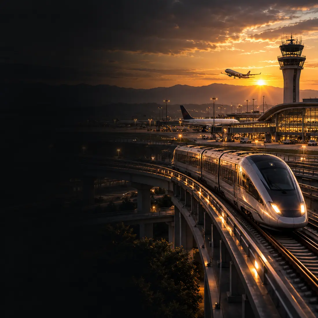 Tren de alta velocidad junto a un aeropuerto al atardecer